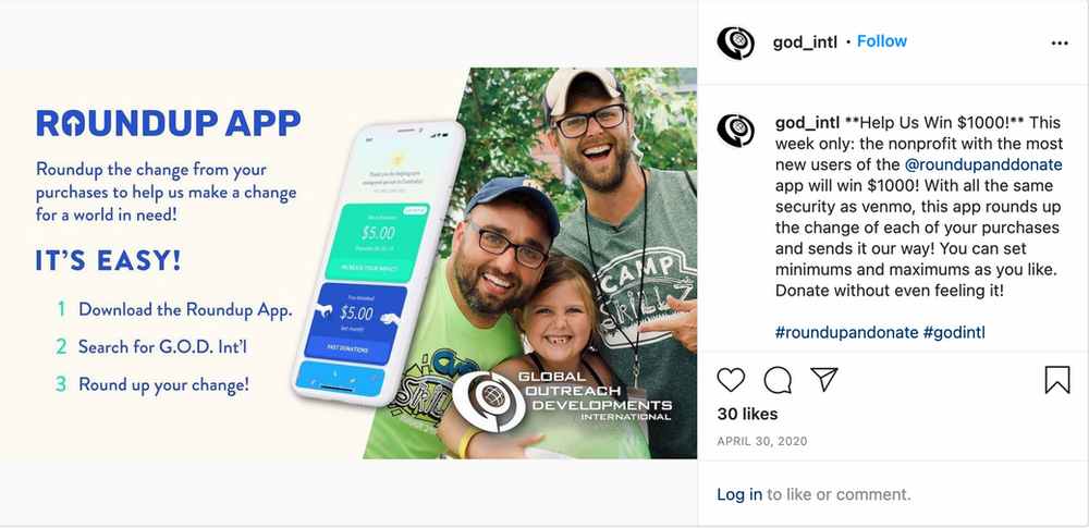 G.O.D. International Giving Tuesday Now Instagram post promoting RoundUp App